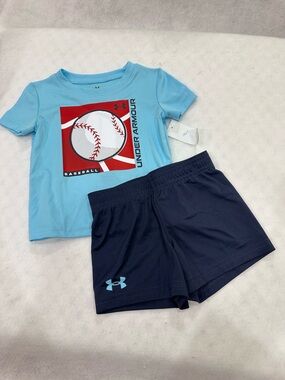 Boy’s Under Armour Light Blue and Navy Baseball Themed Short Set